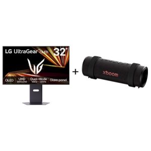 Combo Monitor LG UltraGear™ OLED 32GX850A GX8 4K UHD de 32” + Caixa de Som Bluetooth LG xboom Grab by will.i.am - East LA - 32GX850.GRAB