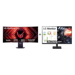 Monitor Gamer LG UltraGear OLED Curvo – Tela OLED 45” + Monitor PC Gamer LG 27” IPS, Full HD, 100Hz, HDMI - 45GS95QE.27MS500