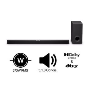 Soundbar LG S90TY – 570W RMS, Dolby Atmos, 5.1.3 Canais, DTS:X, AI Room Calibration Pro, AI Sound Pro, Sem fios, WOW Orchestra, Conexões Múltiplas - S90TY